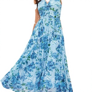 Vestido Maxi de Verano para Mujer, Cuello en V, Estampado Floral, Cintura Alta, Estilo Informal, para Vacaciones en la Playa, Disponible en Stock, Venta al Por Mayor - Product Image 4