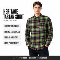 Kemeja Flanel Tartan Klasik Pria Hijau Navy Kotak-kotak Katun Lengan Panjang Kancing Depan Kemeja Kasual Saku Tempel Kerah Kancing Grosir OEM