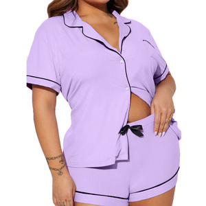 Conjunto de Pijama Clásico con Cuello Solapa para Mujer, Ribete en Contraste, Manga Corta y Pantalones Cortos, Dos Piezas, Ropa de Dormir - Product Image 1