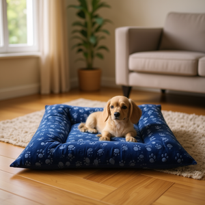 Set di Quattro Pezzi per Cuccia per Cani in Velluto Cristallo Goffrato Blu Scuro con Impronte per Comfort ed Eleganza - Product Image 3