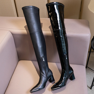 Women Over the Knee High Patent <b>Boots</b> Chunky Heels Lady Metal Square Toe Shoes Side Zipper Skintight Long Booties - Product Image 5