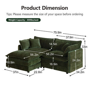 Canapé 2 places en tissu moderne et confortable, en chenille verte, avec ottoman, pour salon - Product Image 3