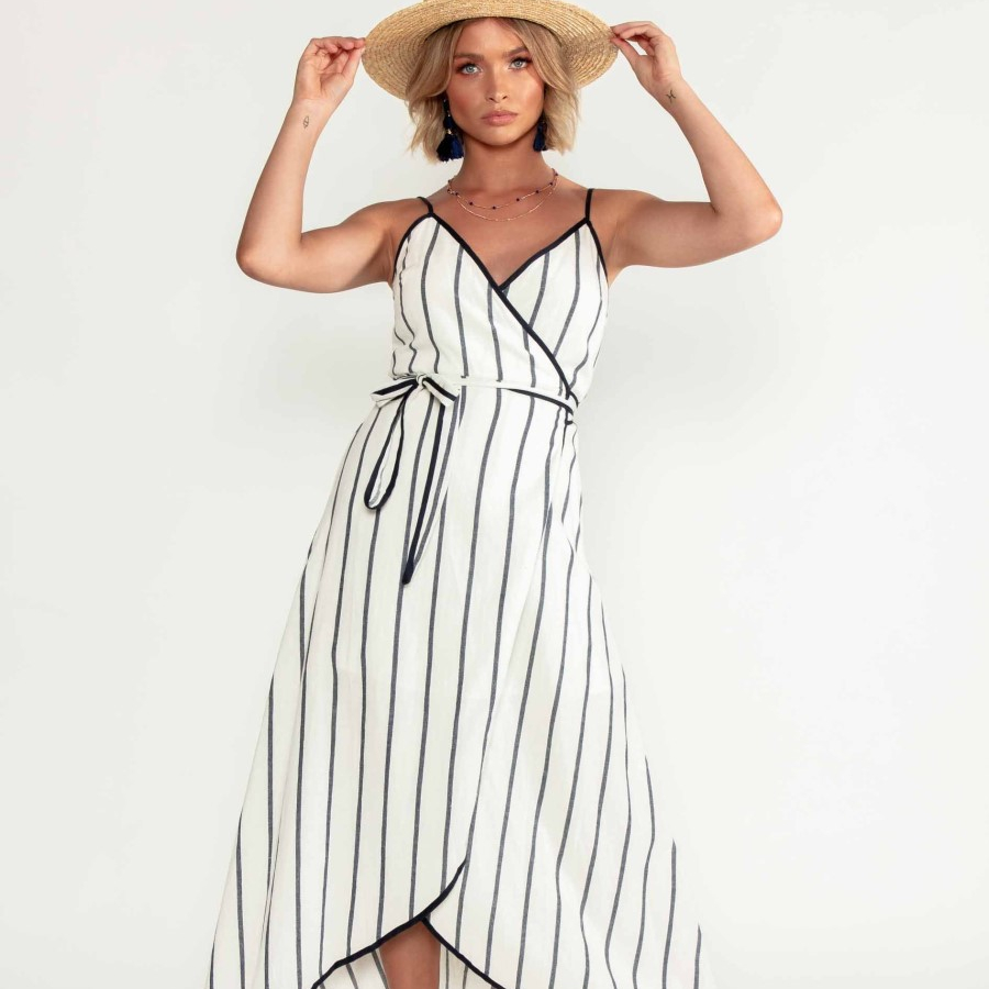 PRETTY STEPS 2021 PS06460 Women Stripe Spaghetti Strap A-line Wrap Maxi Casual Dress Summer Dress Lady Holiday Style Dresses