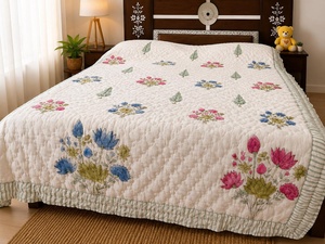 Hand Block Printed Cotton <b>Quilt</b> Reversible Indian Floral <b>Bedding</b> Lightweight Summer Razai Handmade Boho Comforter - Product Image 1
