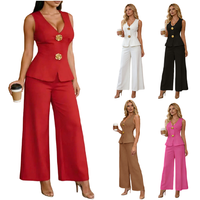 Ensemble tailleur tendance Y9643 pour femme : Blazer sans manches à grands boutons dorés et pantalon large – Idéal pour le bureau et les affaires