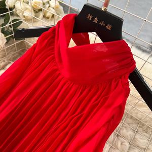 Новое модное красное платье Плиссированное длинное платье на бретельках для женщин пляжное платье в морском стиле для отдыха летнее женское платье - Product Image 6