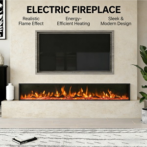 Cheminée électrique encastrée longue, avec LED intégrées et flamme réglable, idéale pour meuble TV mural - Product Image 1