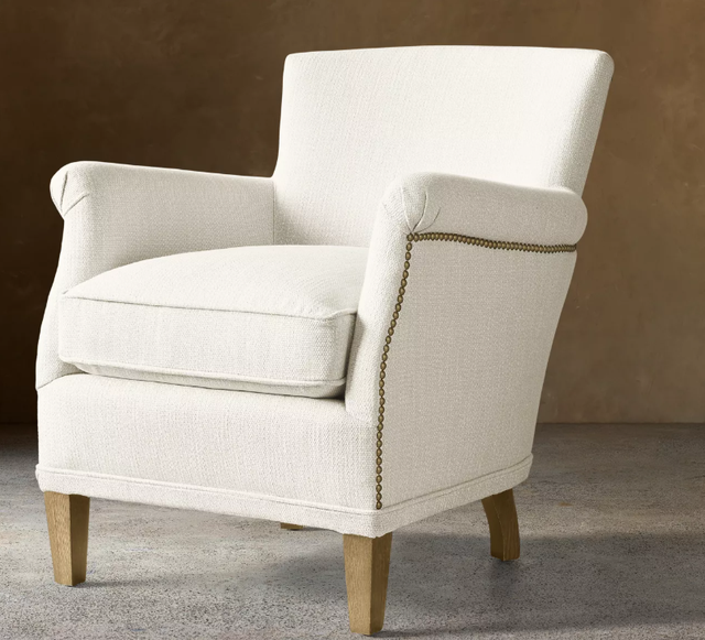 Rolled Arm Chair With Antique Nailhead Trim White Textured Fabric Straight Weathered Oak Leg Modern Farmhouse Accent Armchair
