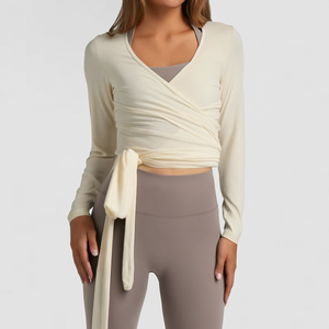 Women Premium <b>Cream</b> Long Sleeve <b>Wrap</b> Yoga Top with Adjustable Side Tie and V Neck Design for Pilates and Activewear Brands - Product Image 1