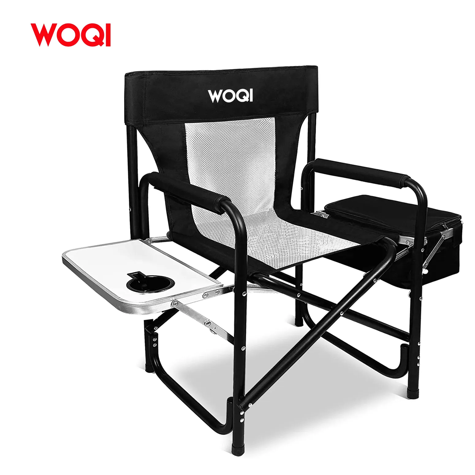 WOQIポータブルキャンプチェアポータブル月桂樹ディレクターチェア、折りたたみ式サイドテーブル冷蔵バッグ、メッシュポケット付き