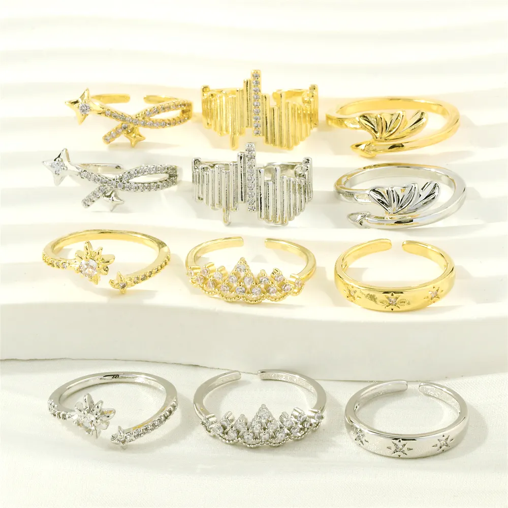Mode Gold Silber Farbe Geometrische Öffnungs ringe Gepflastert CZ Star Crown Ring für Frauen Cocktail Party Schmuck Zubehör Geschenk