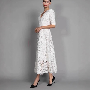 <b>White</b> <b>Lace</b> Maxi Dress V-Neck Floral Print Hollow Sheer Layer Evening Dress Natural Waistline Zipper Front - Product Image 2