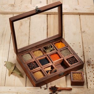 Wooden Masala Dabba Spice Storage Box With Glass Lid For Kitchen