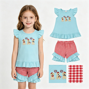 Conjunto de Boutique al por Mayor para Niñas Pequeñas: Top Túnica con Volantes y Tirantes Bordados Estilo Americano y Pantalones Cortos Azules para el 4 de Julio - Product Image 3