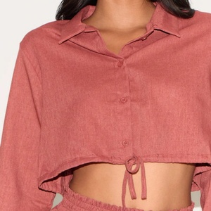 Conjuntos de Dos Piezas de Moda para Mujer, Trajes de Lino y Algodón Sólido de Alta Calidad, Pantalones Cortos por Encima de la Rodilla y Blusas de Manga Larga - Product Image 2