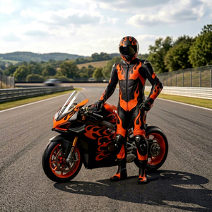 Flame Design Black Orange Leather Motorcycle Racing <b>Suit</b> <b>Men</b> One Piece Breathable <b>Waterproof</b> Protective Wear All Seasons Adult - Product Image 1