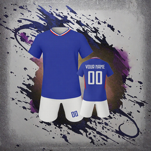 Custom Blue Soccer Jersey Set V-Neck Short Sleeve Breathable Polyester Adult Unisex Sublimated Print White Shorts 00 <b>Number</b> - Product Image 2