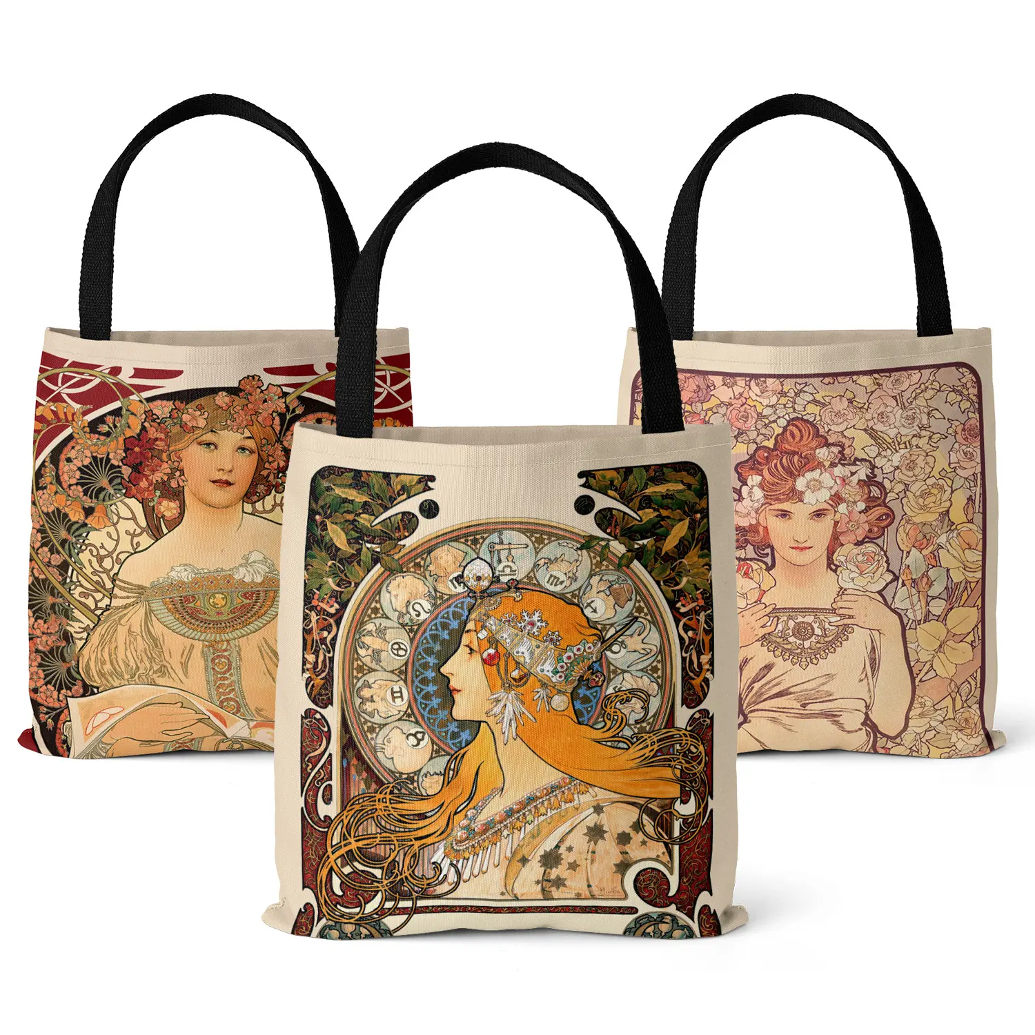 Alfons Mucha Zodiac Poster Digital Printed Eco-Friendly Souvenir Bag Vintage Canvas Tote Bag