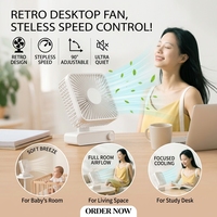 Ventilateur de table portable en plastique petit et rétro, alimenté par batterie rechargeable, USB, pour une utilisation en extérieur, à l'hôtel, à la maison