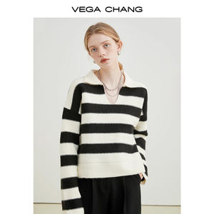 VEGA CHANG Siyah Beyaz Çizgili Vintage Preppy Tarzı Sonbahar Yeni Bol Premium Polo Yaka Kazak Preppy Çizgili Kazak - Product Image 1