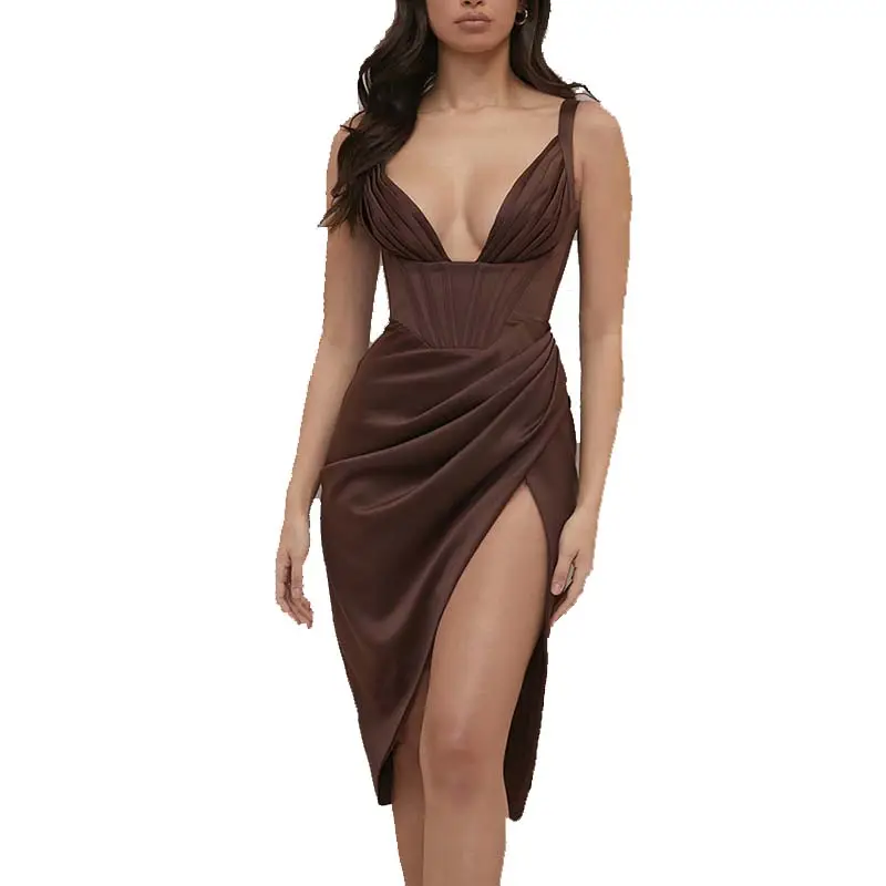 Manufacturer Custom Summer Plain Color Deep V-neck Slit Stain Women Elegant Party Evening Dresses