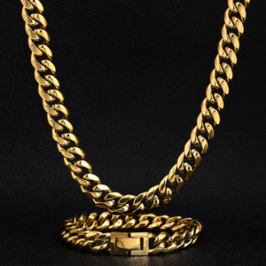 KRKC-Conjunto de cadena cubana personalizada de acero inoxidable, joyería de alta calidad chapada en oro de 14K, 10mm, Hip Hop, negro, Arco Iris, collar de eslabones cubanos - Product Image 2
