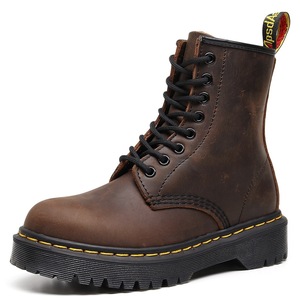 High-top work <b>boots</b> brown short <b>boots</b> men's and women's genuine leather shoes round-toe motorcycle shoes - Product Image 1