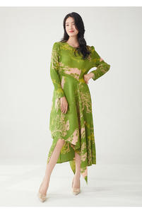 Vestido Plisado con Lazos Tejidos en Verde y Rosa PY para Mujer, Texturizado, Casual, Elegante, con Dobladillo Irregular, Midi, Lavable, Ropa de Verano - Product Image 2