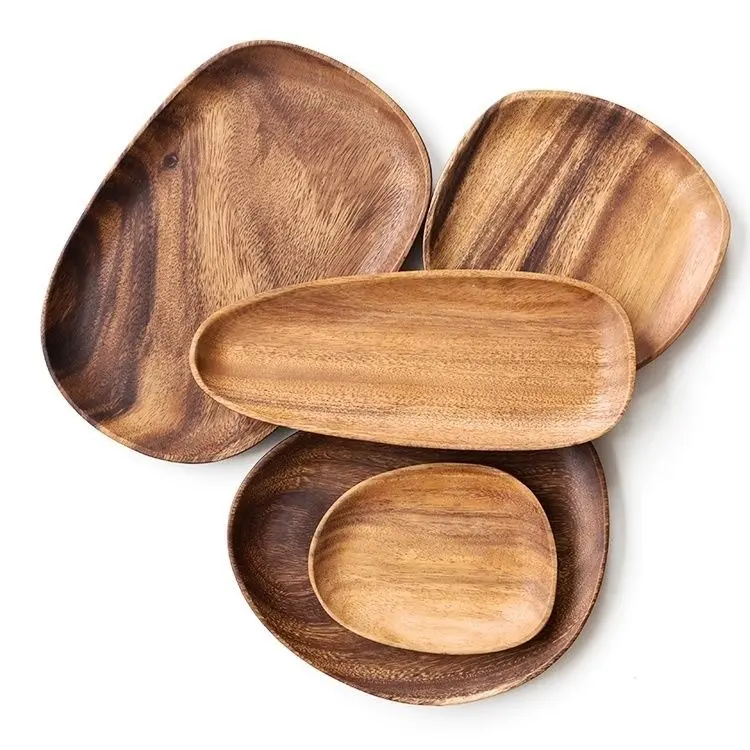 家庭用キッチンアイテムアクセサリー木製サービングプレートセットアカシア材不規則な形の皿とプレート