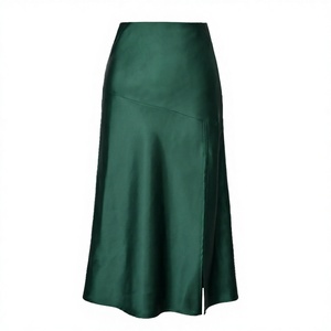 Jupe midi en satin vert uni à taille haute pour femme avec fente latérale, design élégant et droit, à porter toute l'année - Product Image 2