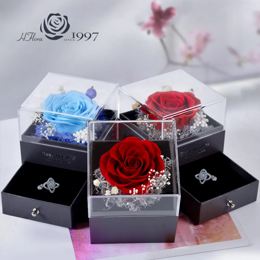 Kotak Bunga Akrilik Penyimpanan Kustom Kemasan Bunga Abadi Tanabata Mawar Kotak Hadiah Kotak Perhiasan Mawar Diawetkan