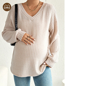 T-<span class=keywords><strong>shirt</strong></span> de maternité <span class=keywords><strong>enceinte</strong></span> à manches longues coupe ample avec col en V et épaules tombantes décontracté kaki OEM - Product Image 1