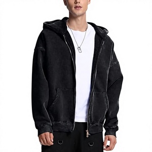 Sweat-shirt à capuche zippé surdimensionné pour homme, en molleton noir uni, coupe décontractée, idéal pour l'automne, en coton tricoté - Product Image 1