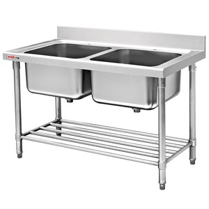 Meja Kerja Dapur Stainless Steel untuk Industri Restoran, Wastafel Tunggal/Ganda dengan Rak Bawah - Product Image 1