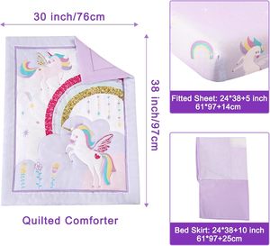 Cô Gái Tím 3-Mảnh Unicorn <span class=keywords><strong>Comforter</strong></span> Váy Tấm Bộ Đồ Giường Bộ Dệt Sợi Nhỏ 38X24 <span class=keywords><strong>Mini</strong></span> Crib Nursery Phụ Kiện Giường - Product Image 3