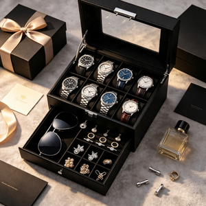 Boîte de rangement de luxe pour montres avec fenêtre transparente, 6 emplacements pour montres et tiroir à bijoux pour bagues, lunettes de soleil et boucles d'oreilles - Product Image 5