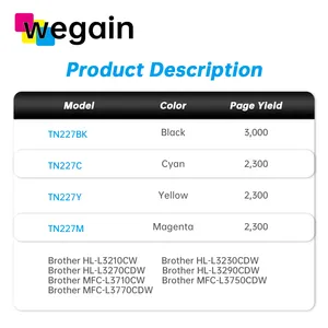 Wegain TN227 BK/C/M/Y Cartouche de toner laser de qualité supérieure compatible avec les imprimantes BROTHER