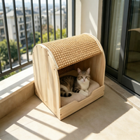 Maison pour chat multifonctionnelle en bois massif courbé avec tapis rafraîchissant en rotin, lit-caverne d'intérieur quatre saisons, modèle M02 fabriqué au Jiangxi