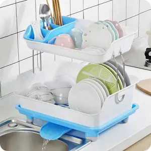 Escorredor de prato para cozinha, escorredor de louça com duas camadas, suporte de prato de plástico, armazenamento de cozinha para uso doméstico