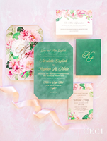 Boîte d'invitation de mariage de luxe en velours vert à double porte, carte en papier floral personnalisée avec monogramme, boîtes cadeaux pour invitation de fête de bienvenue