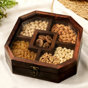 Boîte à épices octogonale en bois faite à la main avec couvercle en verre, 5 compartiments, Masala Dabba, organisateur de rangement pour épices de cuisine, Masala Dani en bois - Product Image 1