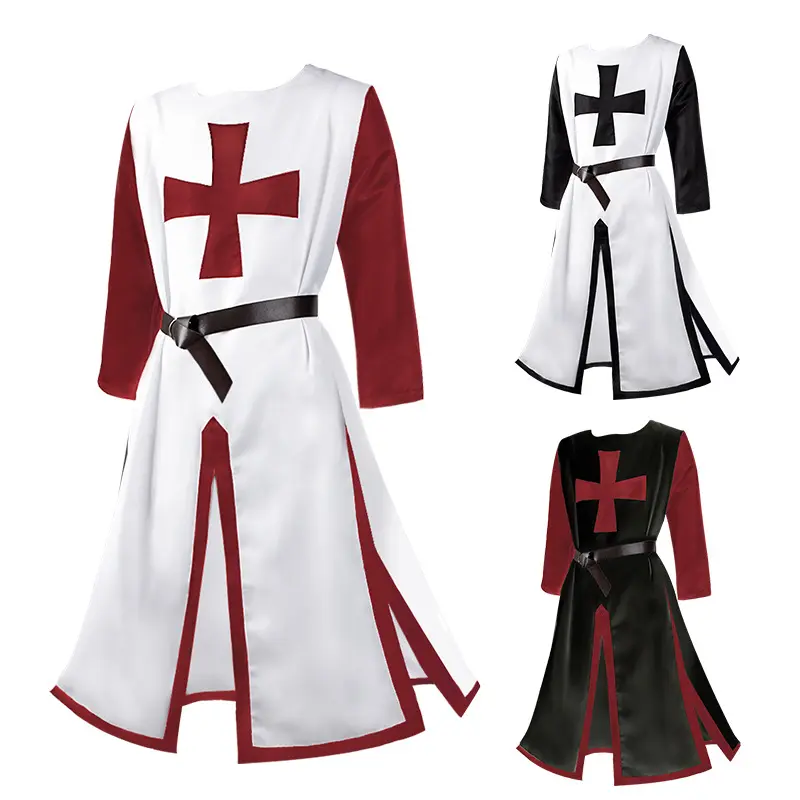 Erkek ortaçağ elbiseler Templar şövalye Cosplay Crusader Surcoat uzun kısa kollu üst reenaccostume kostüm