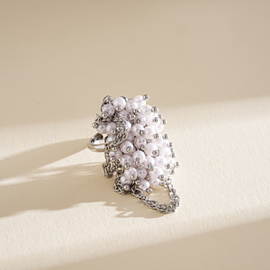 Pearl Crystal Cluster Chain Tassel Open <b>Statement</b> <b>Rings</b> Adjustable Women Fashion Jewelry - Product Image 5