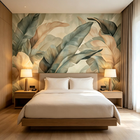 Papier peint doux et mat aux tons sauge et beige, motif feuille de bananier, murale murale tropicale aquarelle pour chambre, salle à manger, hôtel, décoration de resort