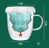 Mug en verre à double paroi isolé, style Noël, avec couvercle et poignée, tasse cadeau de fête mignonne et festiviste