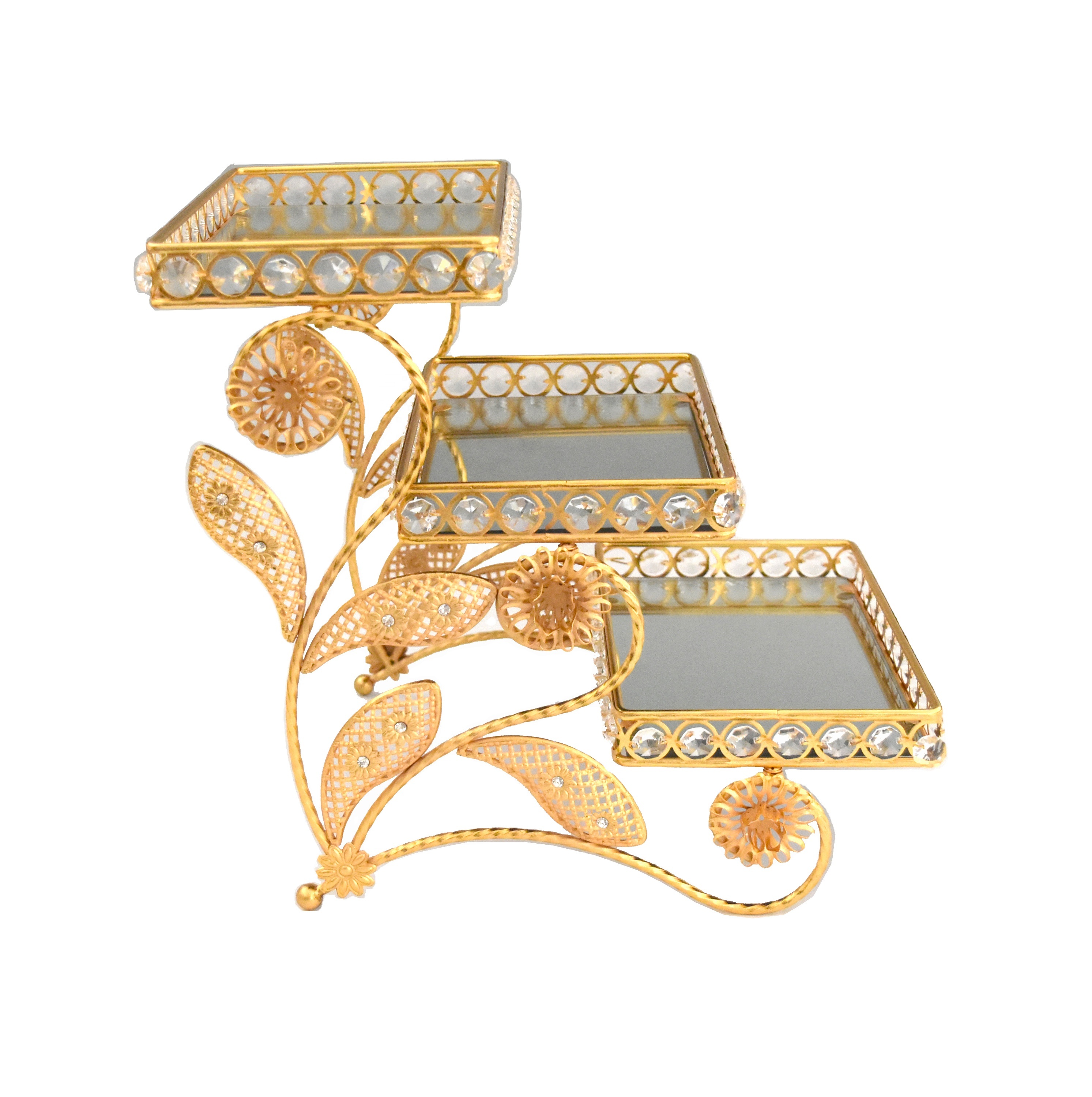 Металлический золотистый декоративный трехслойный зеркальный поднос для фруктов