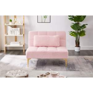 DB Pink Teddy Fabric Single Sofa Bed with Gold Metal Legs, Foldable & <b>Reclining</b>, Modern Design for Living Room Use - Product Image 4