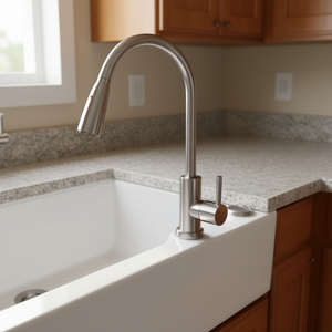 Robinet de cuisine moderne en acier inoxydable à poignée unique, à bec haut, avec douchette extractible, à montage sur plan avec plaque de fixation - Product Image 2