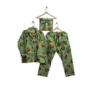 Conjunto de pijama de estilo romántico térmico de algodón con estampado de limones y rayas verdes para mujer, ropa de dormir de manga larga con cintura elástica y largo completo - Product Image 2