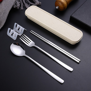 Peralatan makan Set portabel isi <span class=keywords><strong>3</strong></span> buah, sendok garpu sumpit Modern bahan baja tahan karat gaya Korea, peralatan makan nyaman untuk pelajar - Product Image 3